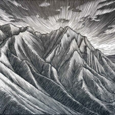 relief printmaking piece of mountains