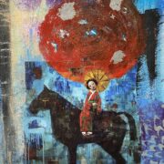 painted and collaged image of a woman on a horse